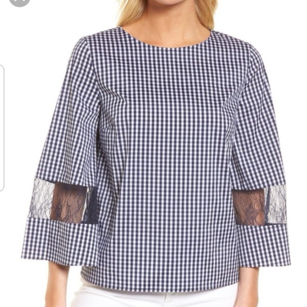 Chelsea28 by Nordstrom Navy Gingham Top with Lace Sleeve Insert
